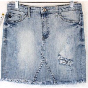 KanCan Distressed Jean Mini Skirt Size 5/26  Juniors Frayed Hem Blue Light Wash